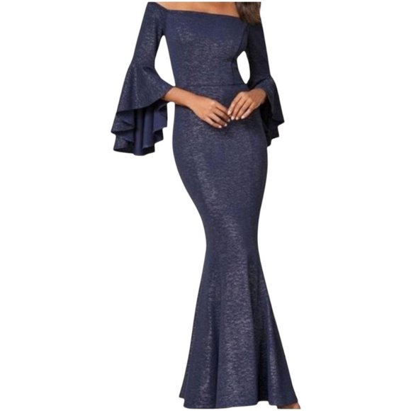 VENUS Dresses & Skirts - Venus Mermaid Off Shoulder Maxi Dress Size 4 Navy Blue Metallic Silver New